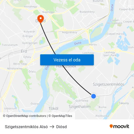 Szigetszentmiklós Alsó to Diósd map