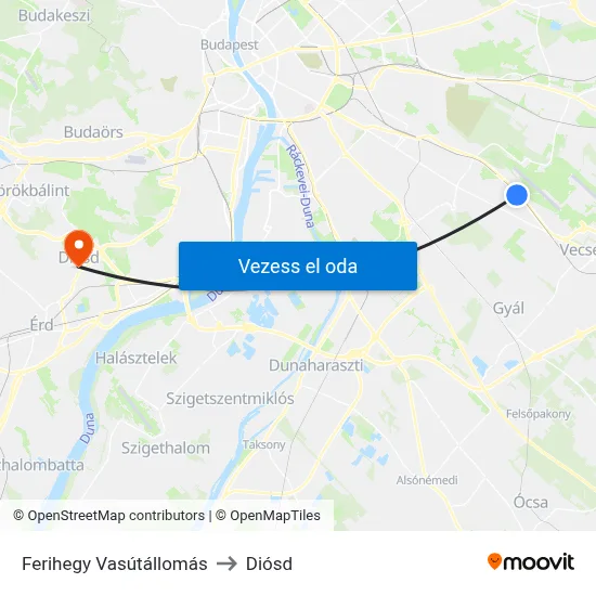 Ferihegy Vasútállomás to Diósd map