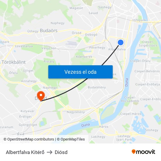 Albertfalva Kitérő to Diósd map