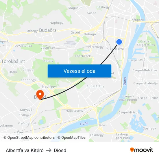 Albertfalva Kitérő to Diósd map