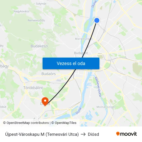 Újpest-Városkapu M (Temesvári Utca) to Diósd map
