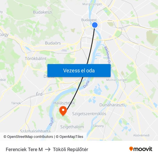 Ferenciek Tere M to Tököli Repülőtér map