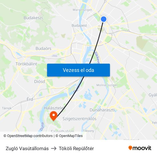 Zugló Vasútállomás to Tököli Repülőtér map