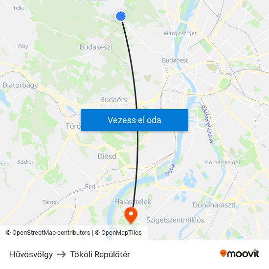 Hűvösvölgy to Tököli Repülőtér map