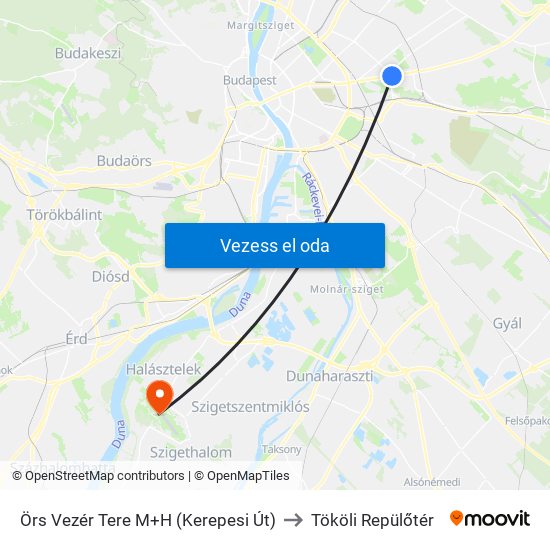 Örs Vezér Tere M+H (Kerepesi Út) to Tököli Repülőtér map