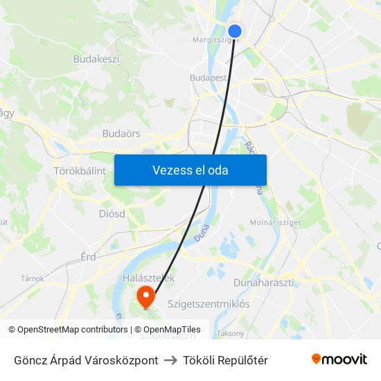 Göncz Árpád Városközpont to Tököli Repülőtér map