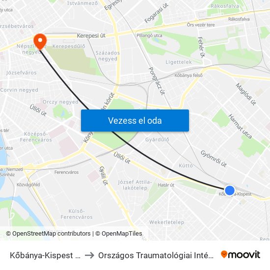 Kőbánya-Kispest M to Országos Traumatológiai Intézet map