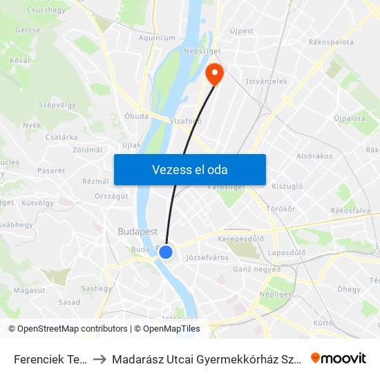 Ferenciek Tere M to Madarász Utcai Gyermekkórház Szakrendelő map