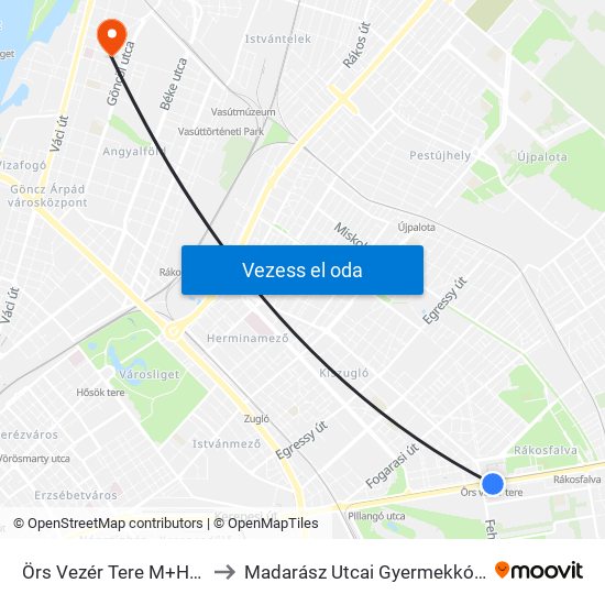 Örs Vezér Tere M+H (Kerepesi Út) to Madarász Utcai Gyermekkórház Szakrendelő map