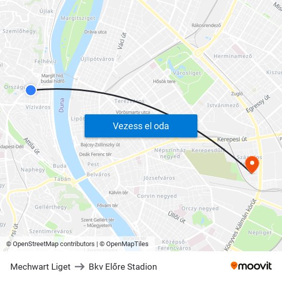 Mechwart Liget to Bkv Előre Stadion map