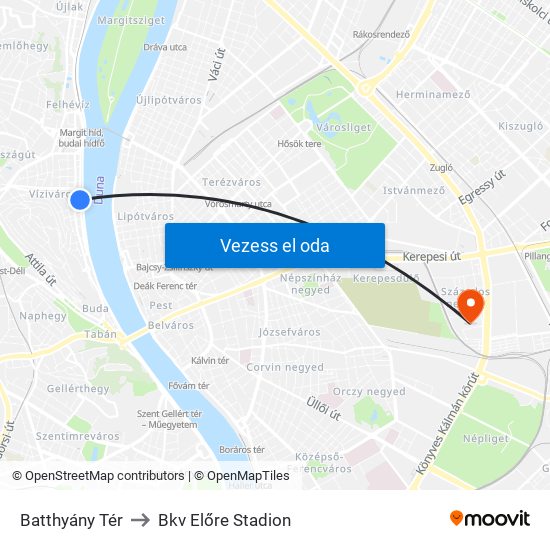 Batthyány Tér to Bkv Előre Stadion map