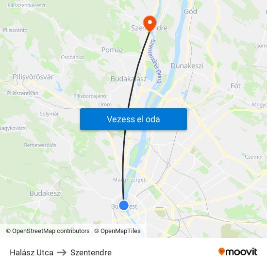 Halász Utca to Szentendre map