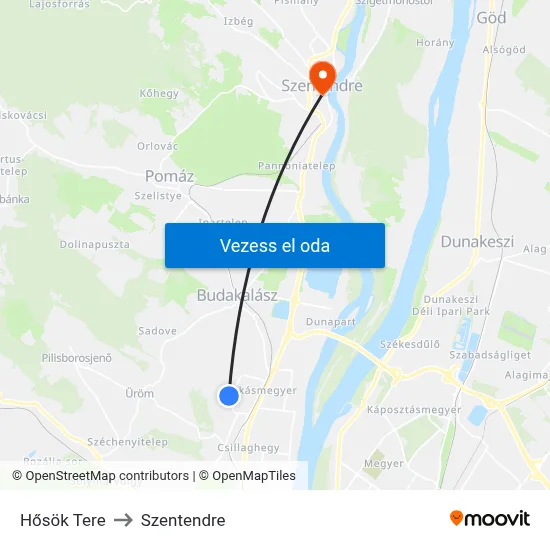 Hősök Tere to Szentendre map