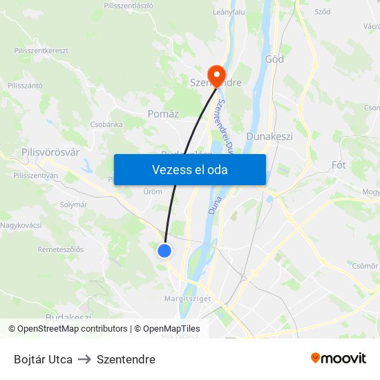 Bojtár Utca to Szentendre map