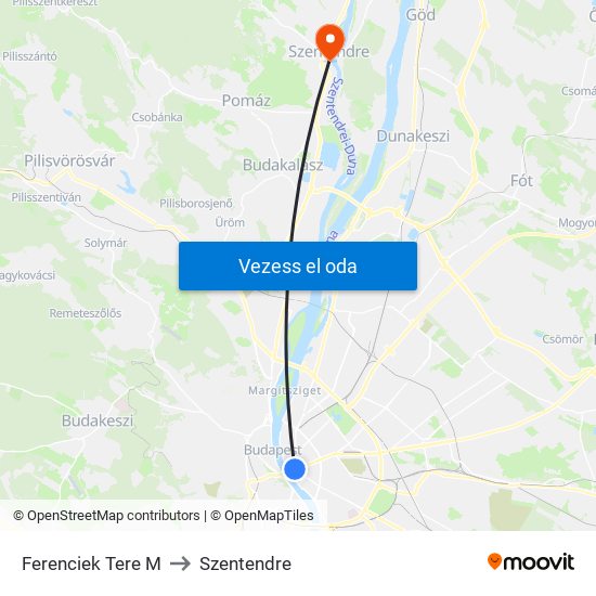 Ferenciek Tere M to Szentendre map