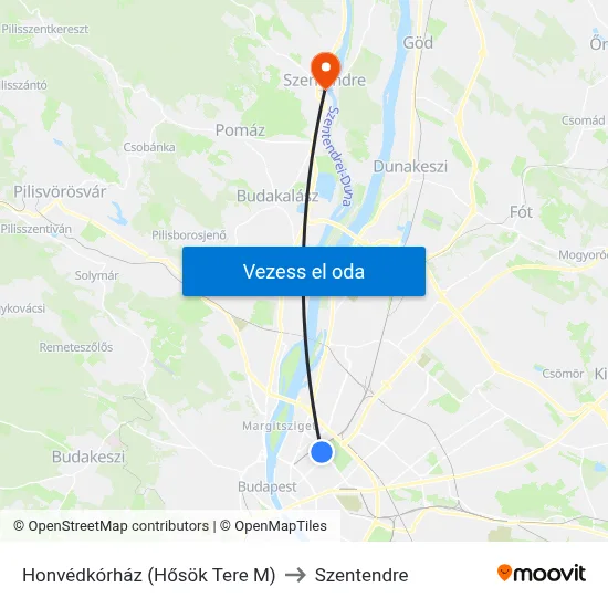 Honvédkórház (Hősök Tere M) to Szentendre map