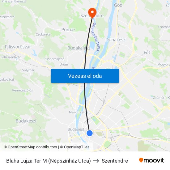 Blaha Lujza Tér M (Népszínház Utca) to Szentendre map