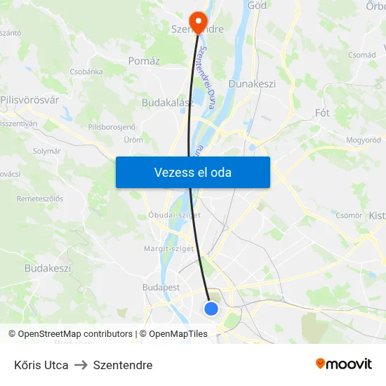 Kőris Utca to Szentendre map