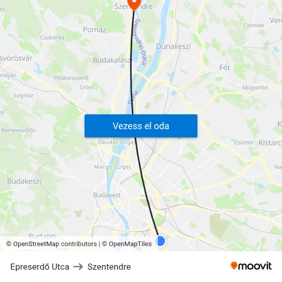 Epreserdő Utca to Szentendre map