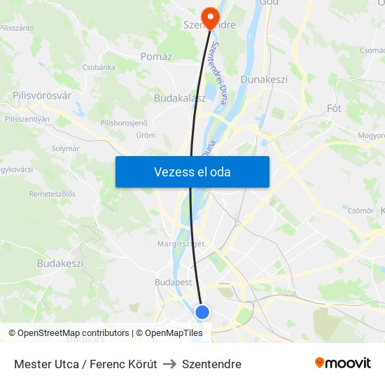 Mester Utca / Ferenc Körút to Szentendre map