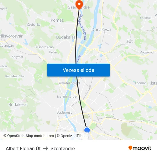 Albert Flórián Út to Szentendre map