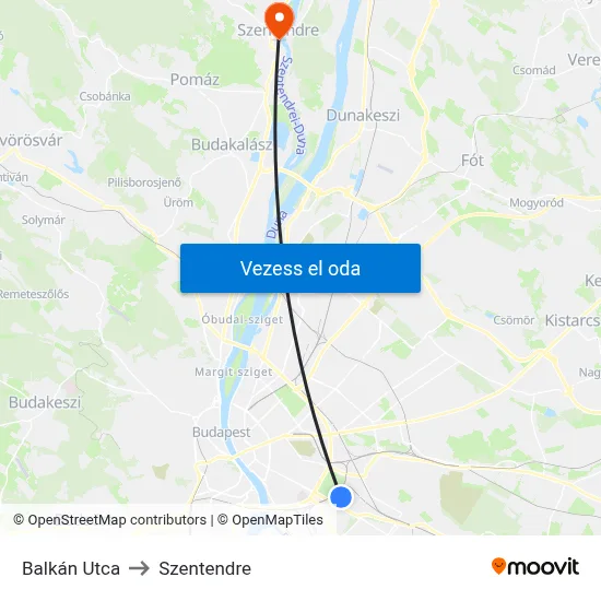 Balkán Utca to Szentendre map