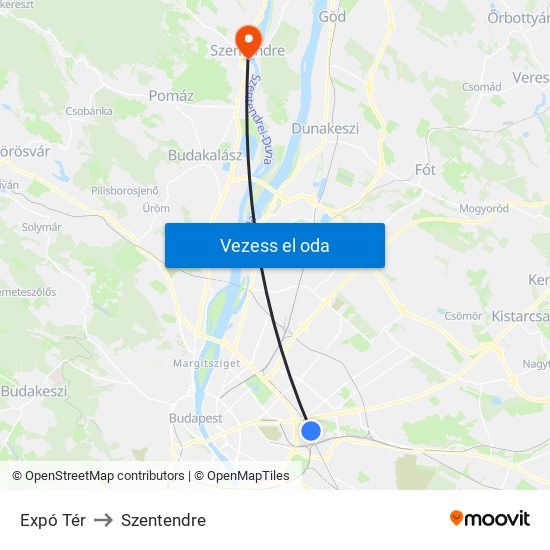 Expó Tér to Szentendre map