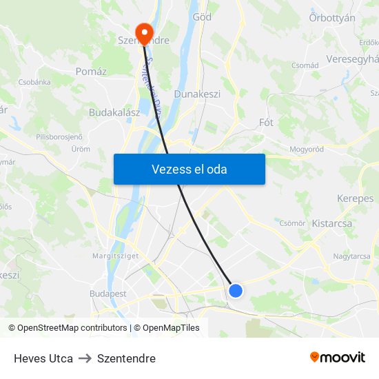 Heves Utca to Szentendre map