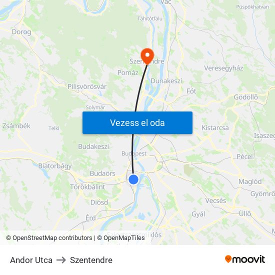 Andor Utca to Szentendre map