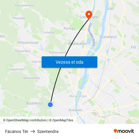 Fácános Tér to Szentendre map