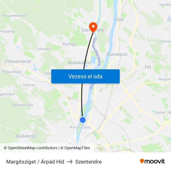 Margitsziget / Árpád Híd to Szentendre map