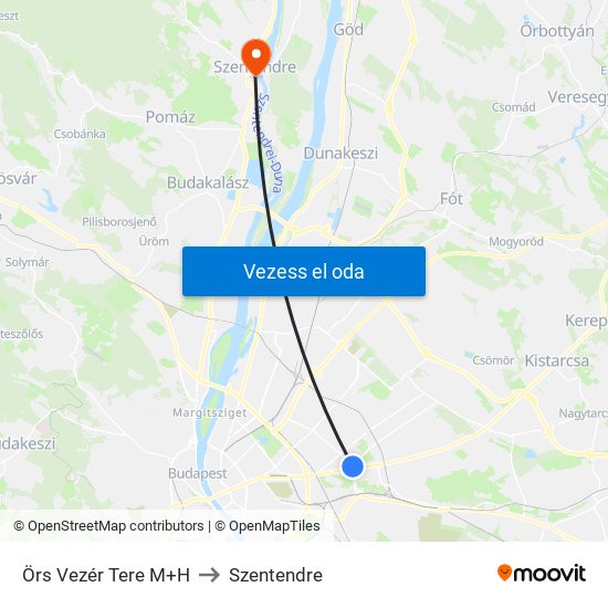Örs Vezér Tere M+H to Szentendre map