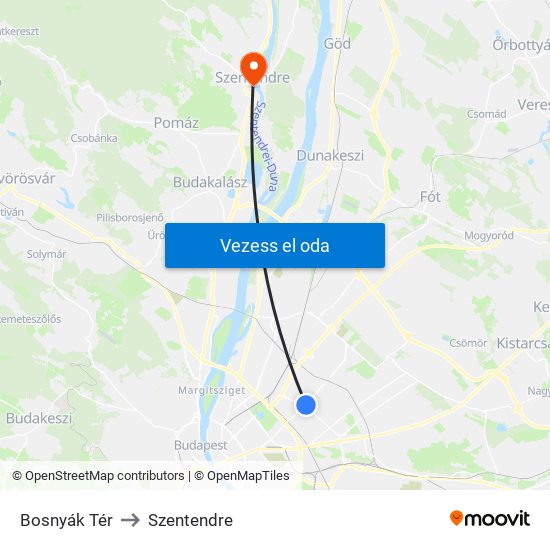 Bosnyák Tér to Szentendre map