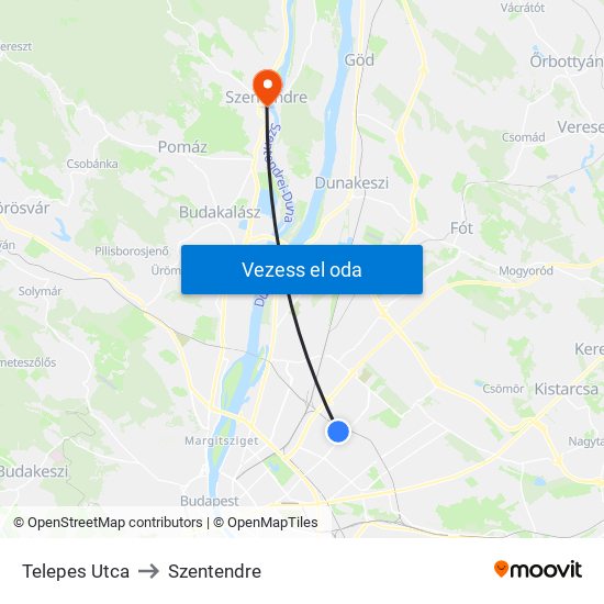 Telepes Utca to Szentendre map