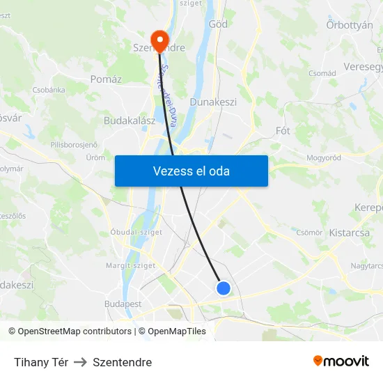 Tihany Tér to Szentendre map