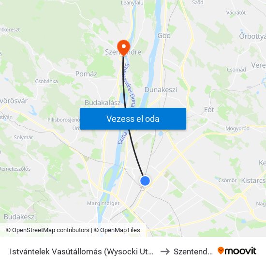 Istvántelek Vasútállomás (Wysocki Utca) to Szentendre map