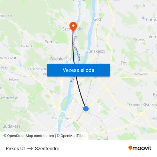 Rákos Út to Szentendre map