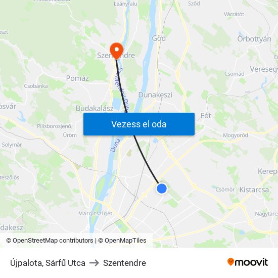 Újpalota, Sárfű Utca to Szentendre map