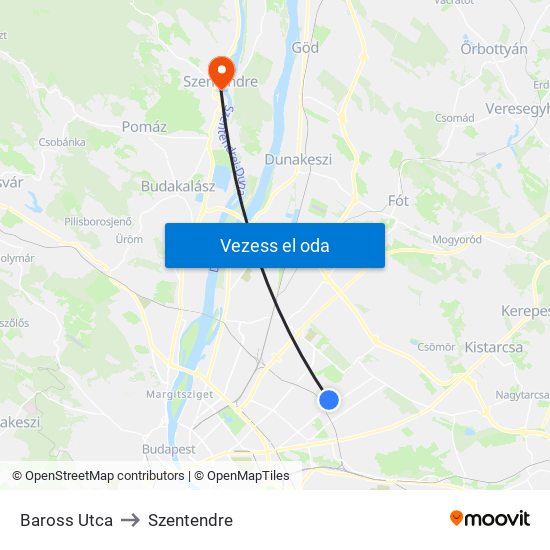 Baross Utca to Szentendre map