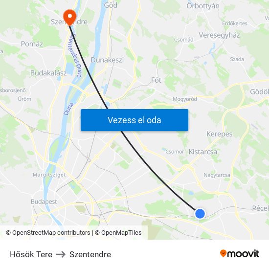 Hősök Tere to Szentendre map