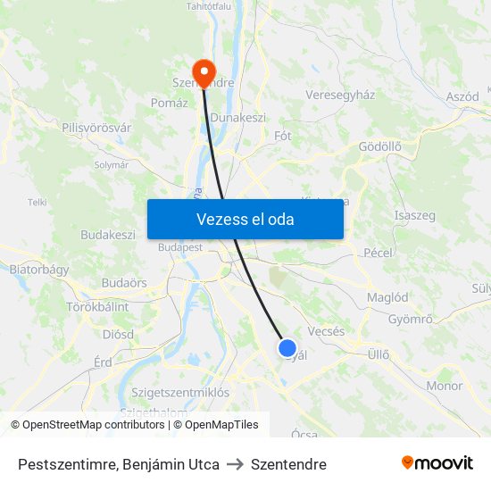 Pestszentimre, Benjámin Utca to Szentendre map