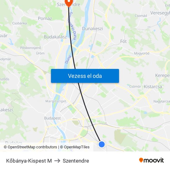 Kőbánya-Kispest M to Szentendre map