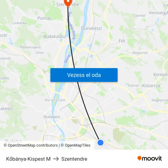 Kőbánya-Kispest M to Szentendre map