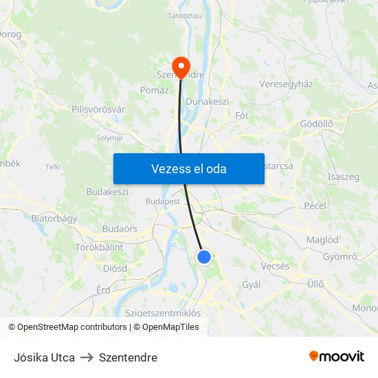 Jósika Utca to Szentendre map