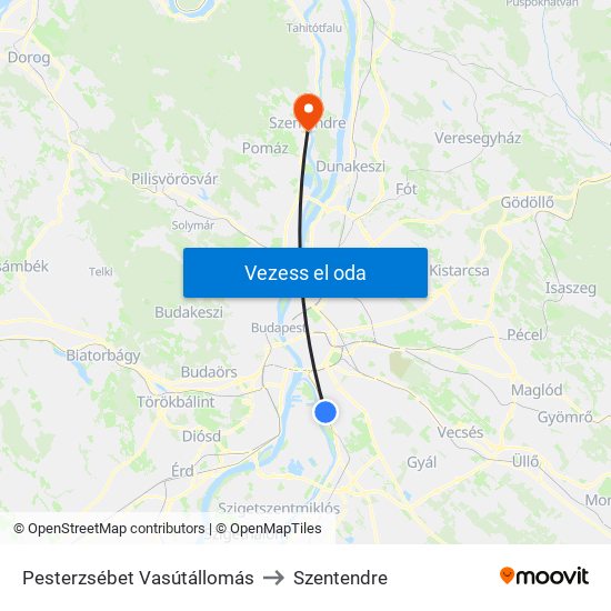 Pesterzsébet Vasútállomás to Szentendre map