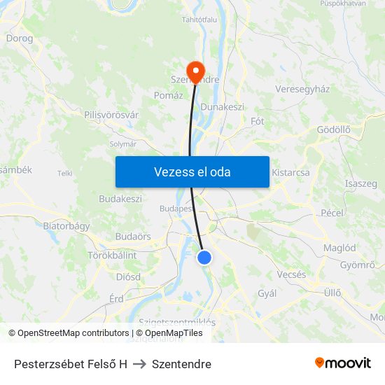 Pesterzsébet Felső H to Szentendre map