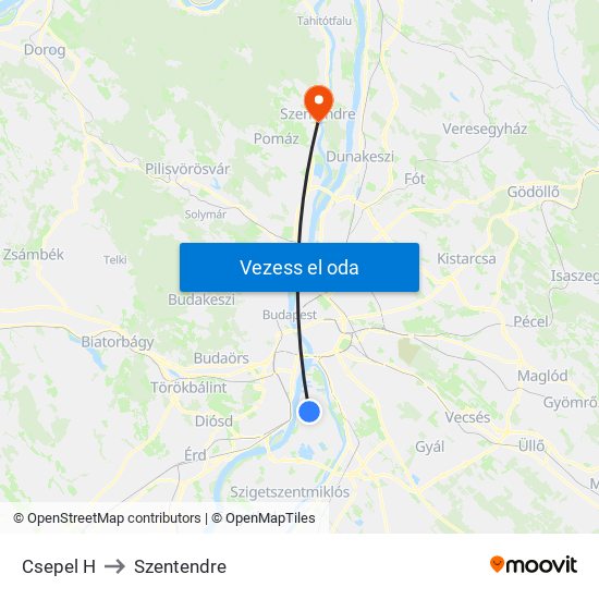 Csepel H to Szentendre map