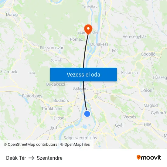 Deák Tér to Szentendre map