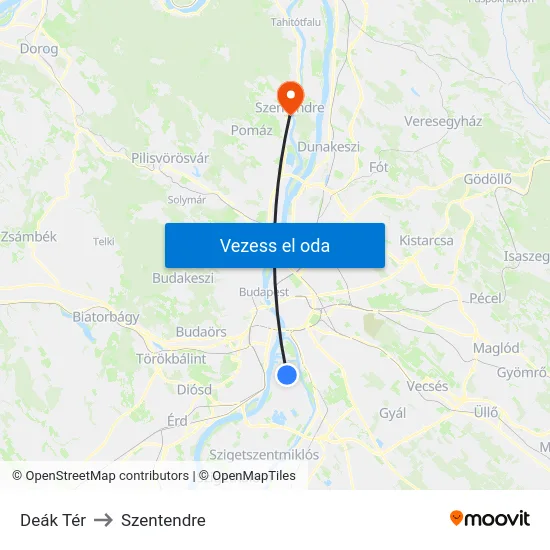 Deák Tér to Szentendre map