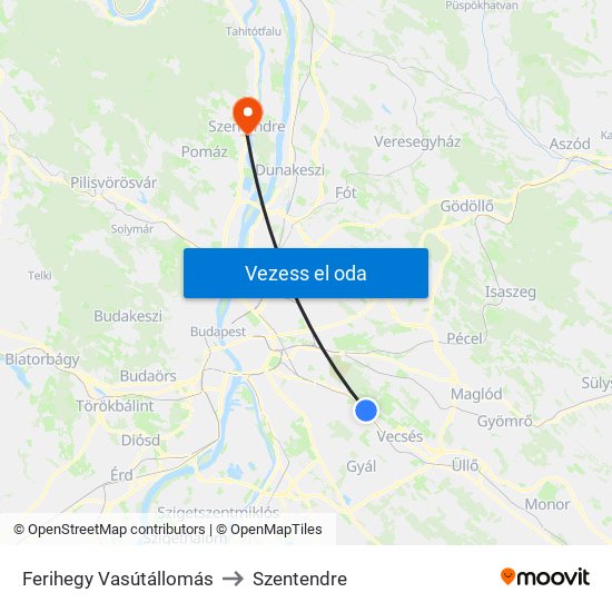 Ferihegy Vasútállomás to Szentendre map